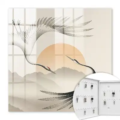 Decorative key box Japanese cranes against the backdrop of the rising sun