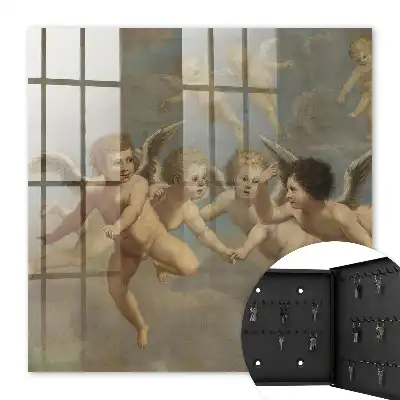 Wall mounted key cabinet Flying angels putti baroque painting blue