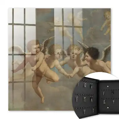 Wall mounted key cabinet Flying angels putti baroque painting blue
