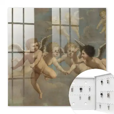 Wall mounted key cabinet Flying angels putti baroque painting blue