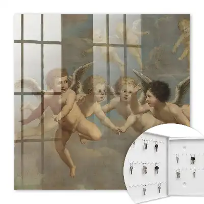 Wall mounted key cabinet Flying angels putti baroque painting blue