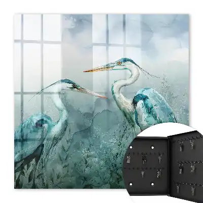Wall Mounted Key Cabinet Featuring Watercolor Herons and Greenery