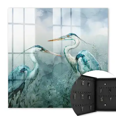 Wall mounted key cabinet Watercolor herons surrounded by greenery