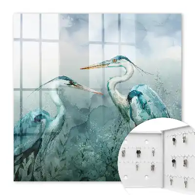 Wall Mounted Key Cabinet Featuring Watercolor Herons and Greenery