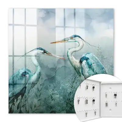 Wall Mounted Key Cabinet Featuring Watercolor Herons and Greenery