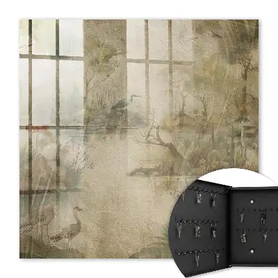Wall mounted key cabinet Idyllic nature with birds and vegetation