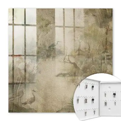Wall mounted key cabinet Idyllic nature with birds and vegetation