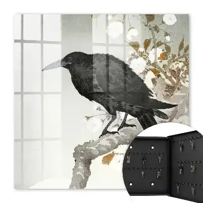 Wall mounted key cabinet with black raven on a branch with flowers design