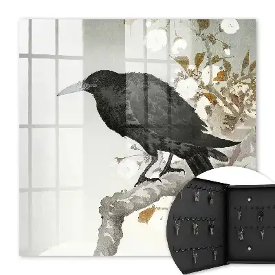 Wall mounted key cabinet with black raven on a branch with flowers design