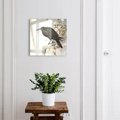Wall mounted key cabinet with black raven on a branch with flowers design