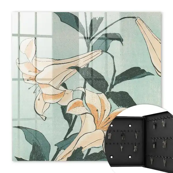 Wall mounted key cabinet Subtle lilies of Japanese woodblock print