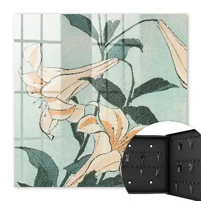 Wall mounted key cabinet Subtle lilies of Japanese woodblock print