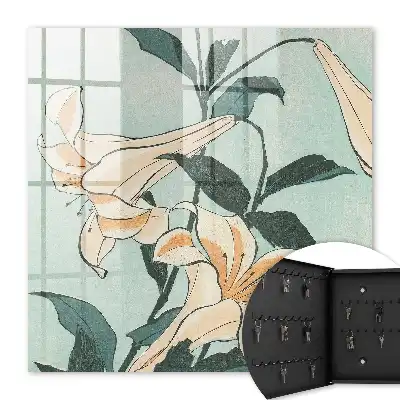 Wall mounted key cabinet Subtle lilies of Japanese woodblock print