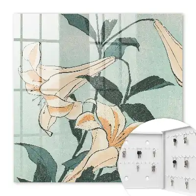 Wall mounted key cabinet Subtle lilies of Japanese woodblock print