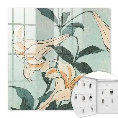 Wall mounted key cabinet Subtle lilies of Japanese woodblock print