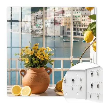 Wall mounted key box Summer scenery with lemons and flowers