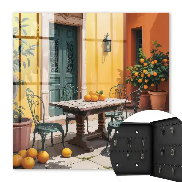 Key cabinet Sunny patio courtyard with orange trees
