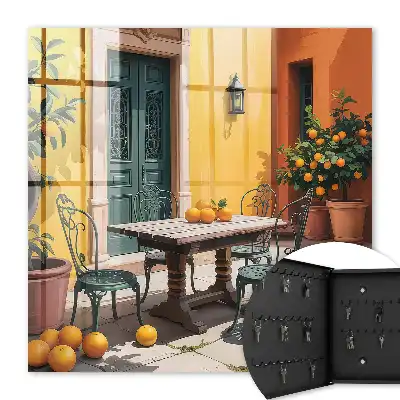 Key cabinet Sunny patio courtyard with orange trees