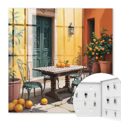 Key cabinet Sunny patio courtyard with orange trees