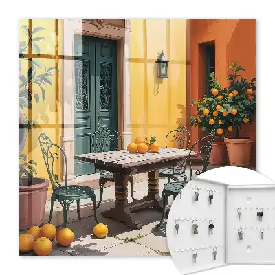 Key cabinet Sunny patio courtyard with orange trees