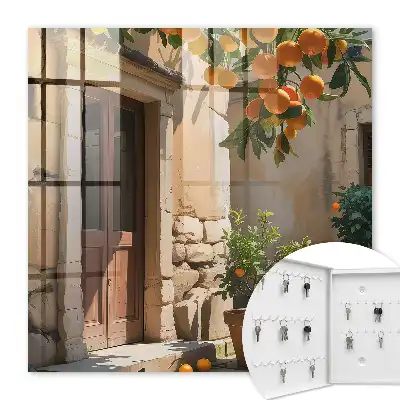 Wall mounted key box Orange retreat with a background of stones