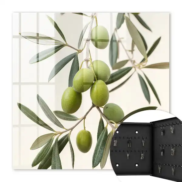 Wall mounted key cabinet A branch with olives in the cream background