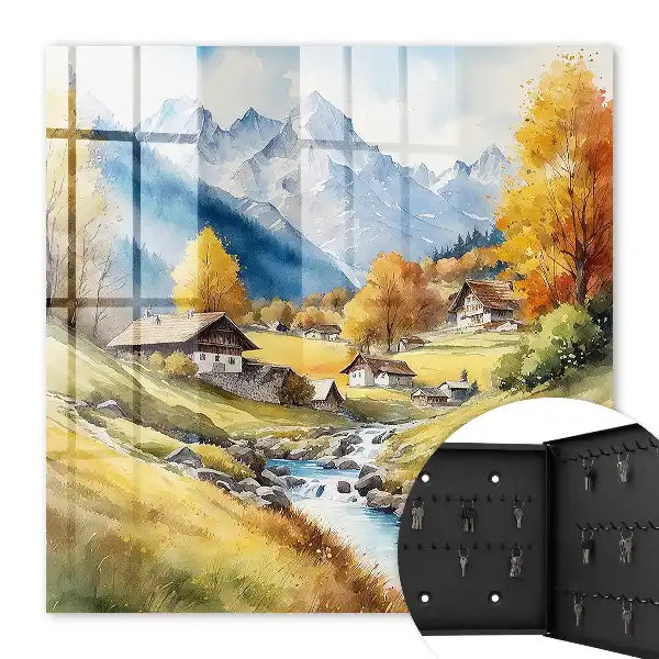 Wall mounted key cabinet Mountain peace with mountains and cottages