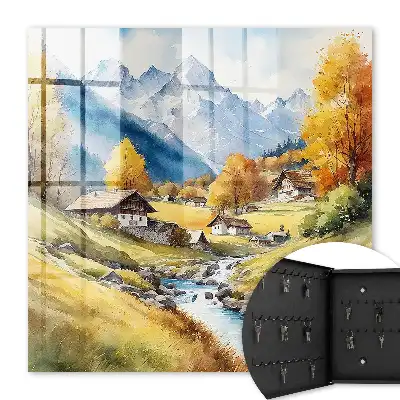 Wall mounted key cabinet Mountain peace with mountains and cottages