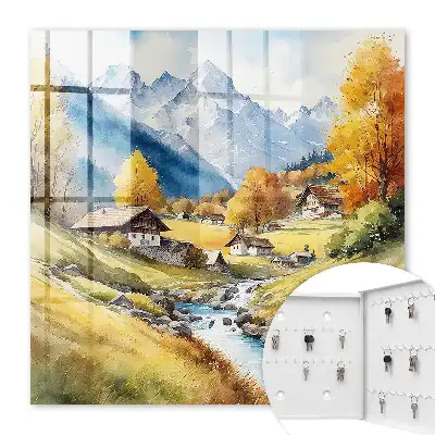 Wall mounted key cabinet Mountain peace with mountains and cottages