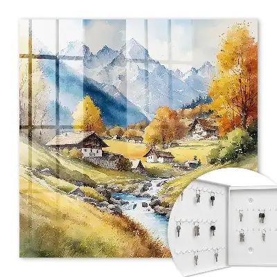 Wall mounted key cabinet Mountain peace with mountains and cottages