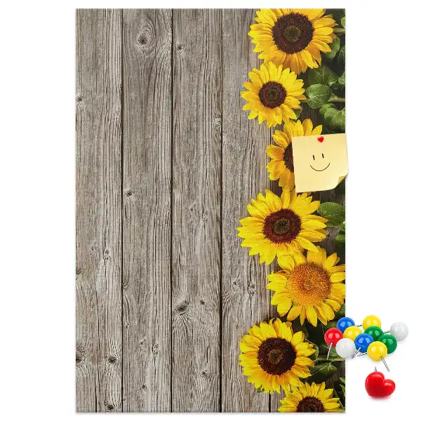 Sunflowers on a wood background cork pin board