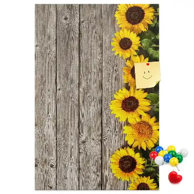 Cork pin board Sunflowers on a wood background