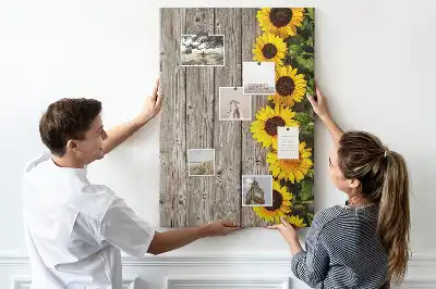 Sunflowers on a wood background cork pin board