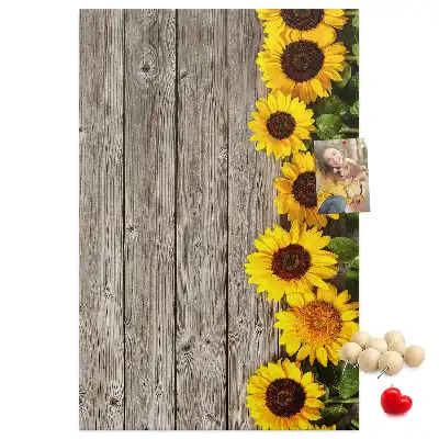 Sunflowers on a wood background cork pin board