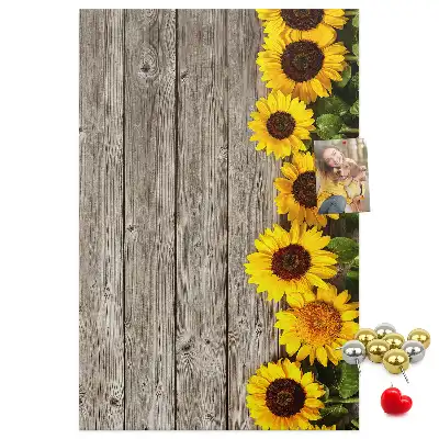 Sunflowers on a wood background cork pin board