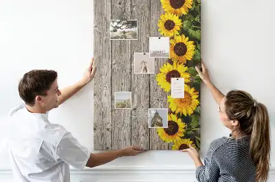 Sunflowers on a wood background cork pin board