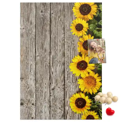 Sunflowers on a wood background cork pin board