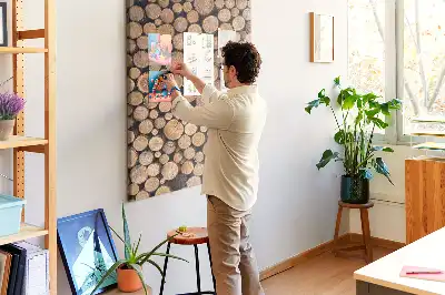 Wall cork memo board made from natural tree trunk pieces