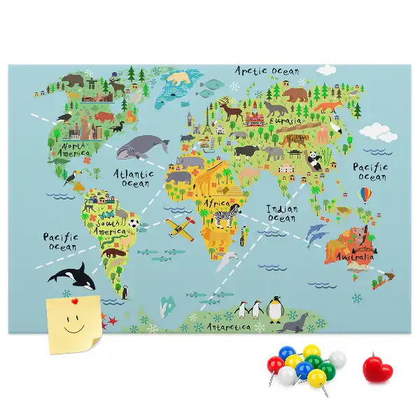 Printed Cork Board World map with animals