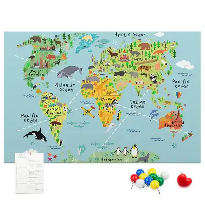 Printed Cork Board World map with animals