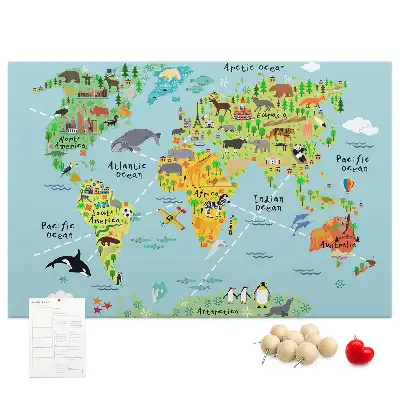 Printed Cork Board World map with animals