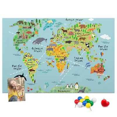 Printed Cork Board World map with animals