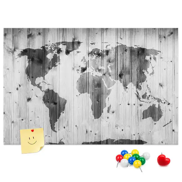World Map Printed Cork Memo Board on Wood