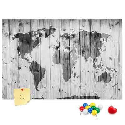 Printed Cork Memo Board World Map on wood