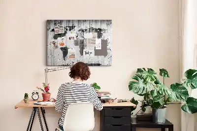World Map Printed Cork Memo Board on Wood