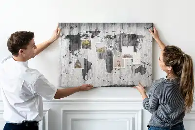World Map Printed Cork Memo Board on Wood