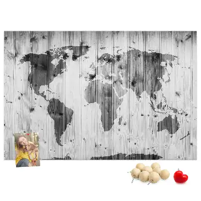 World Map Printed Cork Memo Board on Wood