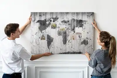 World Map Printed Cork Memo Board on Wood