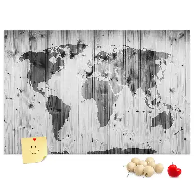 World Map Printed Cork Memo Board on Wood