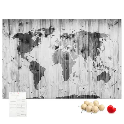 World Map Printed Cork Memo Board on Wood